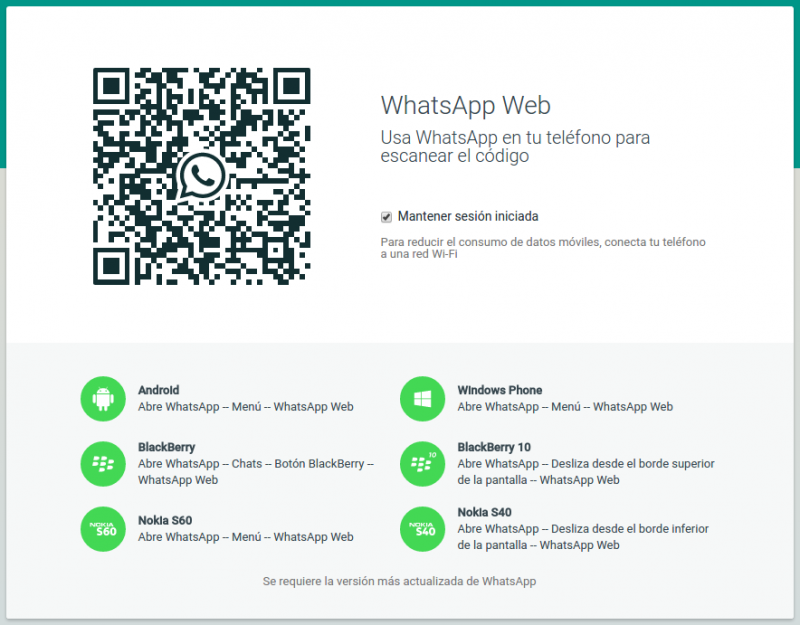 Pantalla de WhatsApp Web con el código QR para escanear.